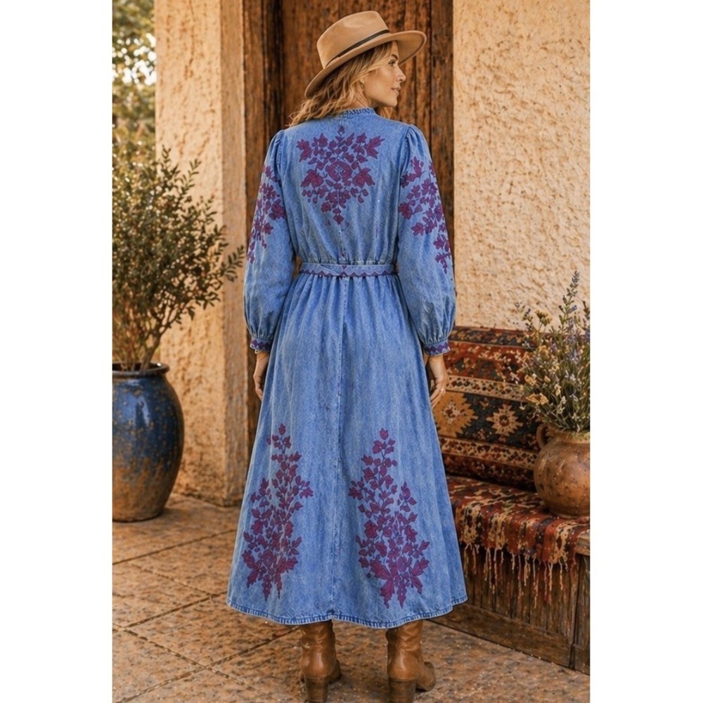 Sundance Blue Embroidered Cottagecore Denim Midi S Dress Western Boho Prairie - Picture 2 of 11